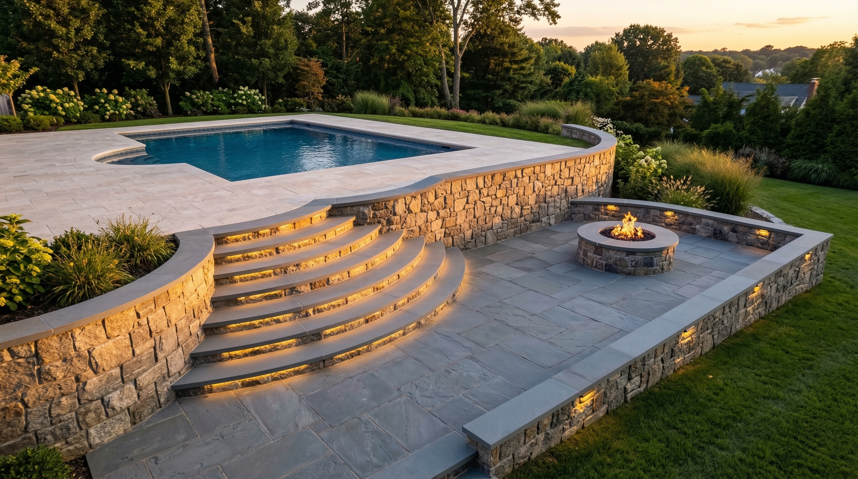 Cinematic elevated view of a completed stone patio